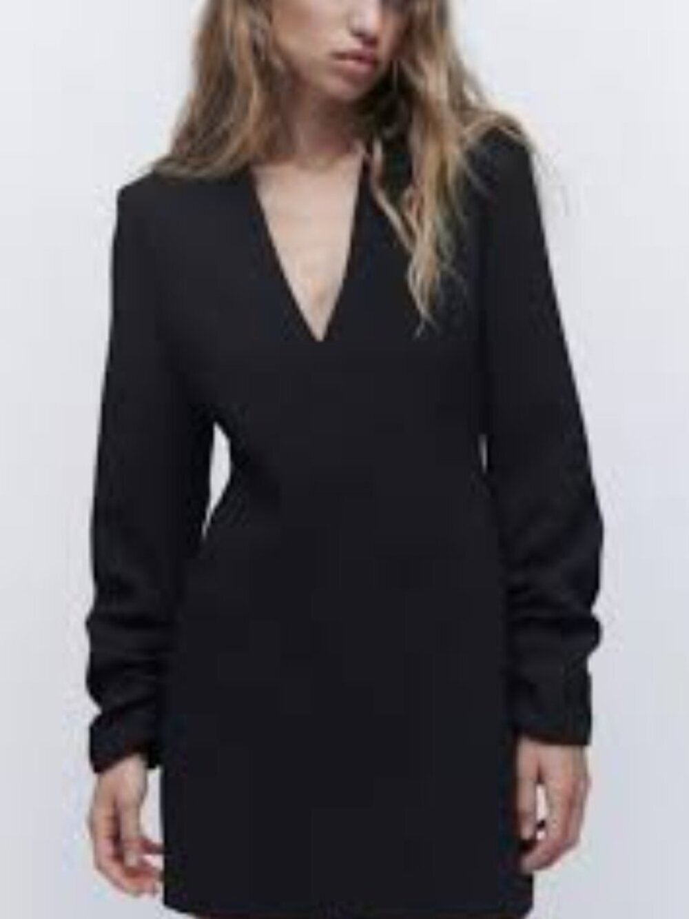Zara Black V-Neck Ruched Sleeve Minimalist LBD Mini Dress Size M